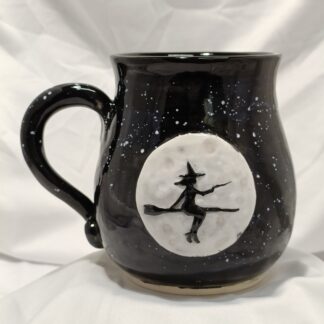 Hand thrown mug. Full moon, witch on broom